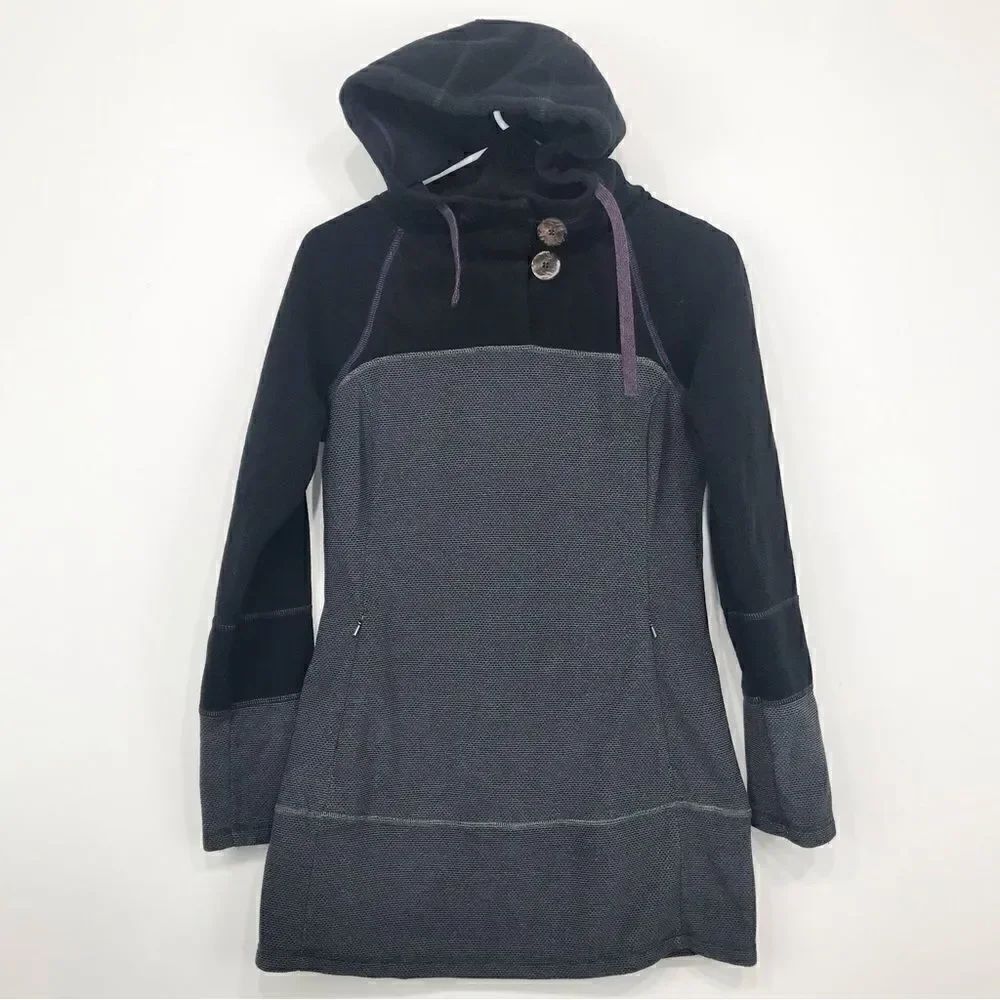 Prana Black Gray Colorblock Drawstring Hood Cozy Long sleeve Tunic Fleece